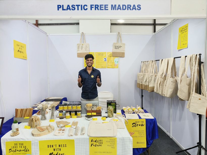 Exhibition stall with cloth bags and paper products